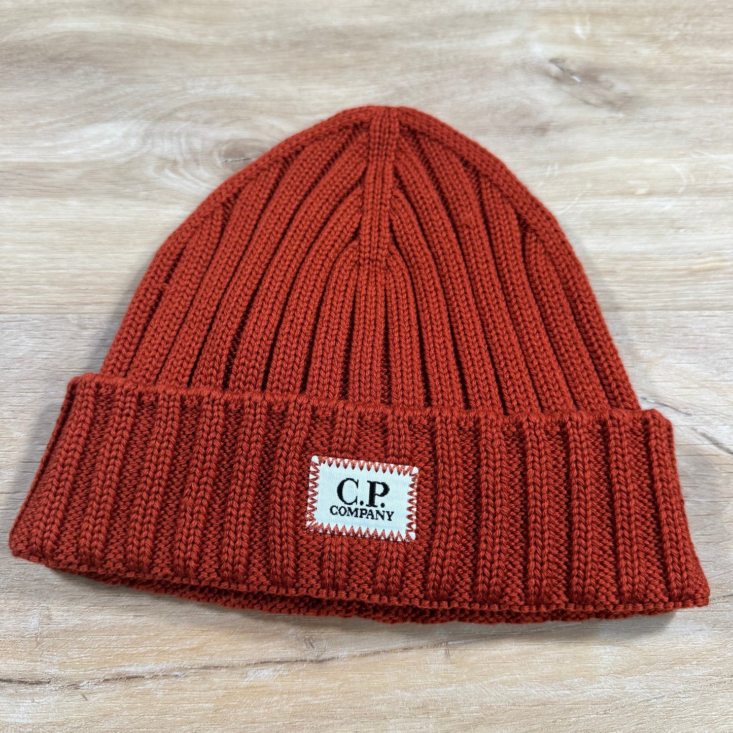 CP Company Extra Fine Merino Wool Logo Beanie in Bombay Brown