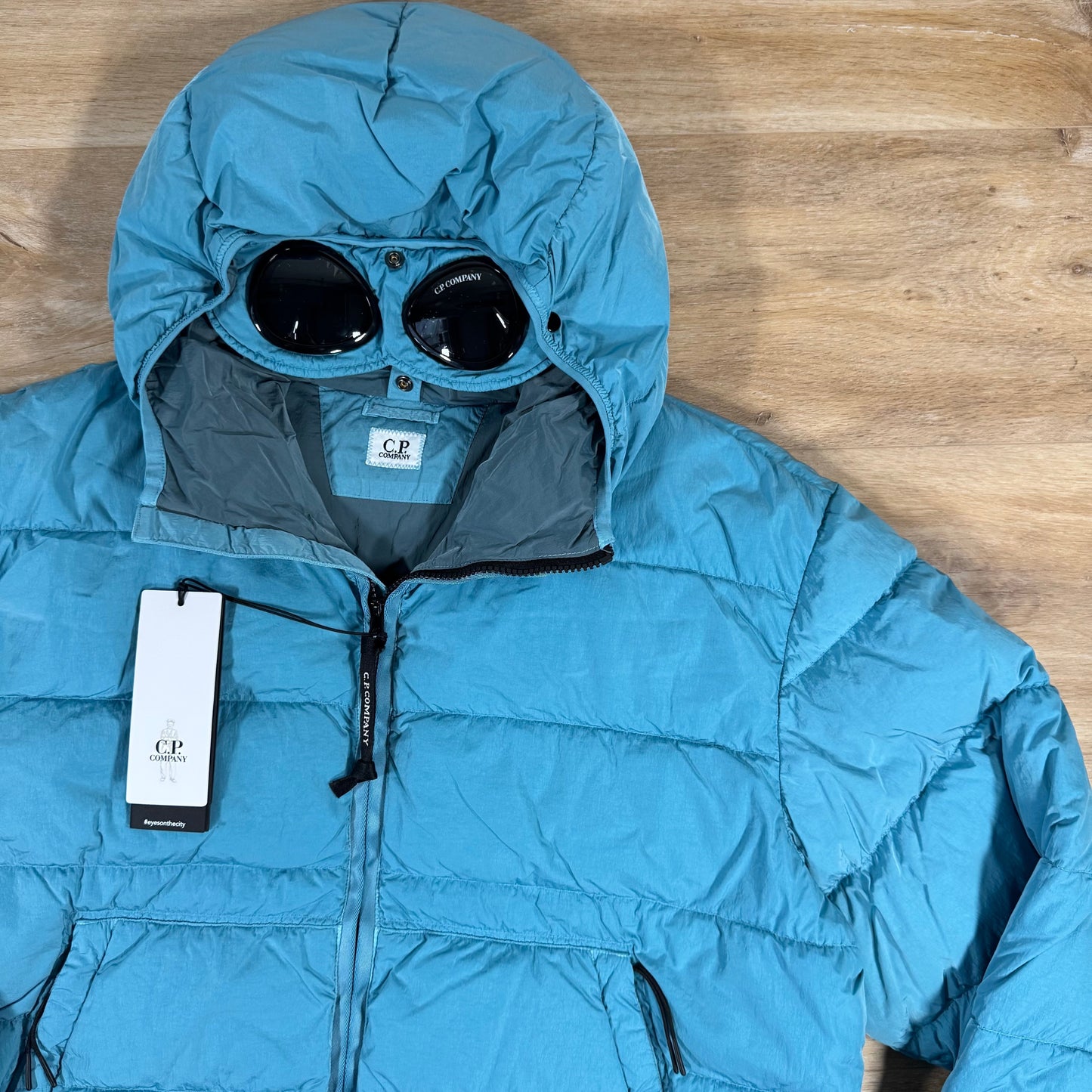 CP Company Chrome-R Goggle Down Jacket in Aegean Blue